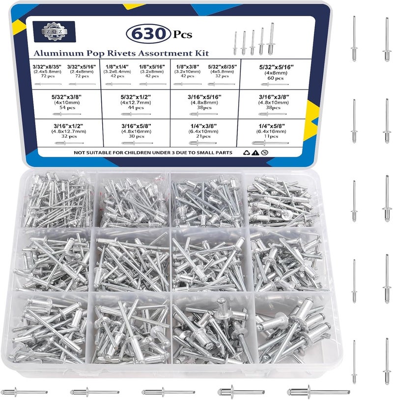 ZQZ 630Pcs Aluminum Pop Rivets Assortment Kit, 15 Sizes Silver Rivets with 3/32" 1/8" 5/32" 3/16" 1/4" Blind Rivets, Assorted Pop Rivets Set - Image 1